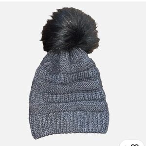 Time and Tru Charcoal Knit Beanie with Black Pom Pom with golden details